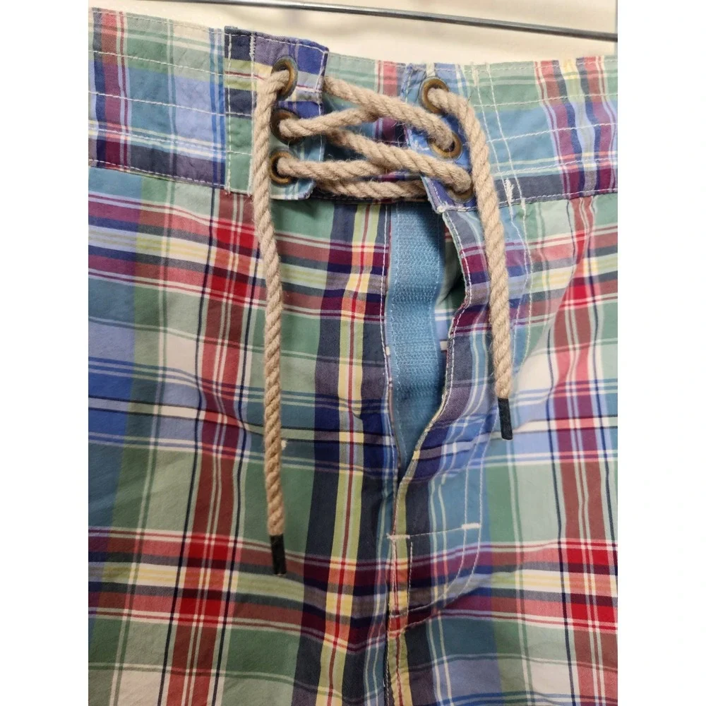 Polo Ralph‎ Lauren Blue Green Plaid Swim Trunks Shorts Mesh Yellow Pony Lrg Vtg